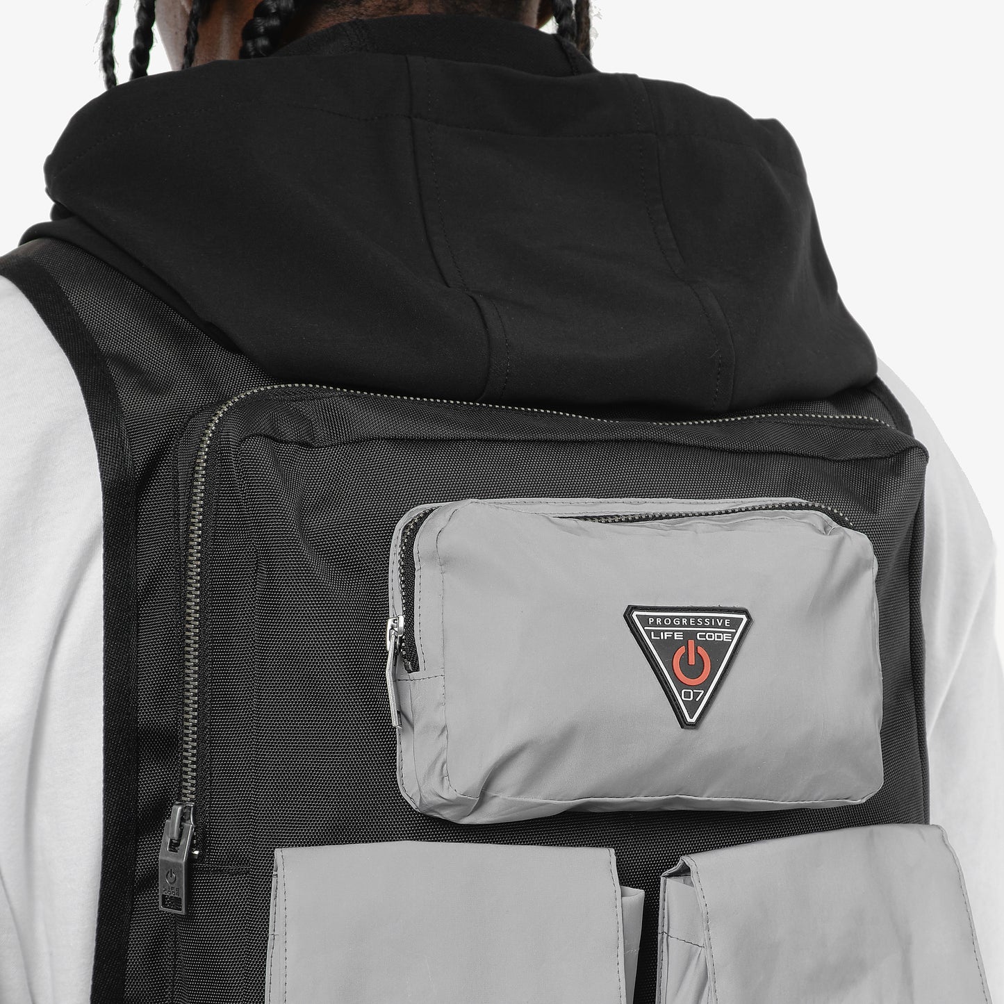 V19. SILVER REFLECTIVE BACKPACK VEST W/ HOOD
