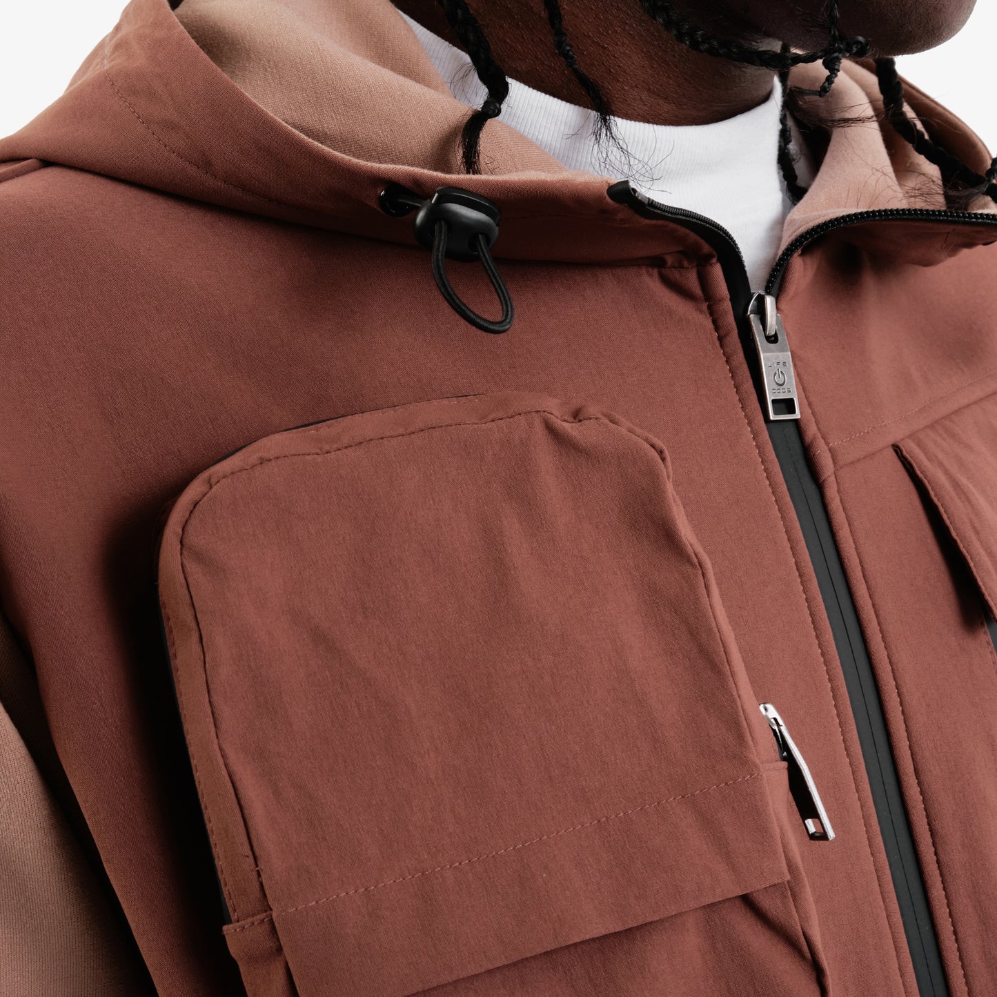 J32. MOCHA BROWN FULL-ZIP UTILITY HOODIE