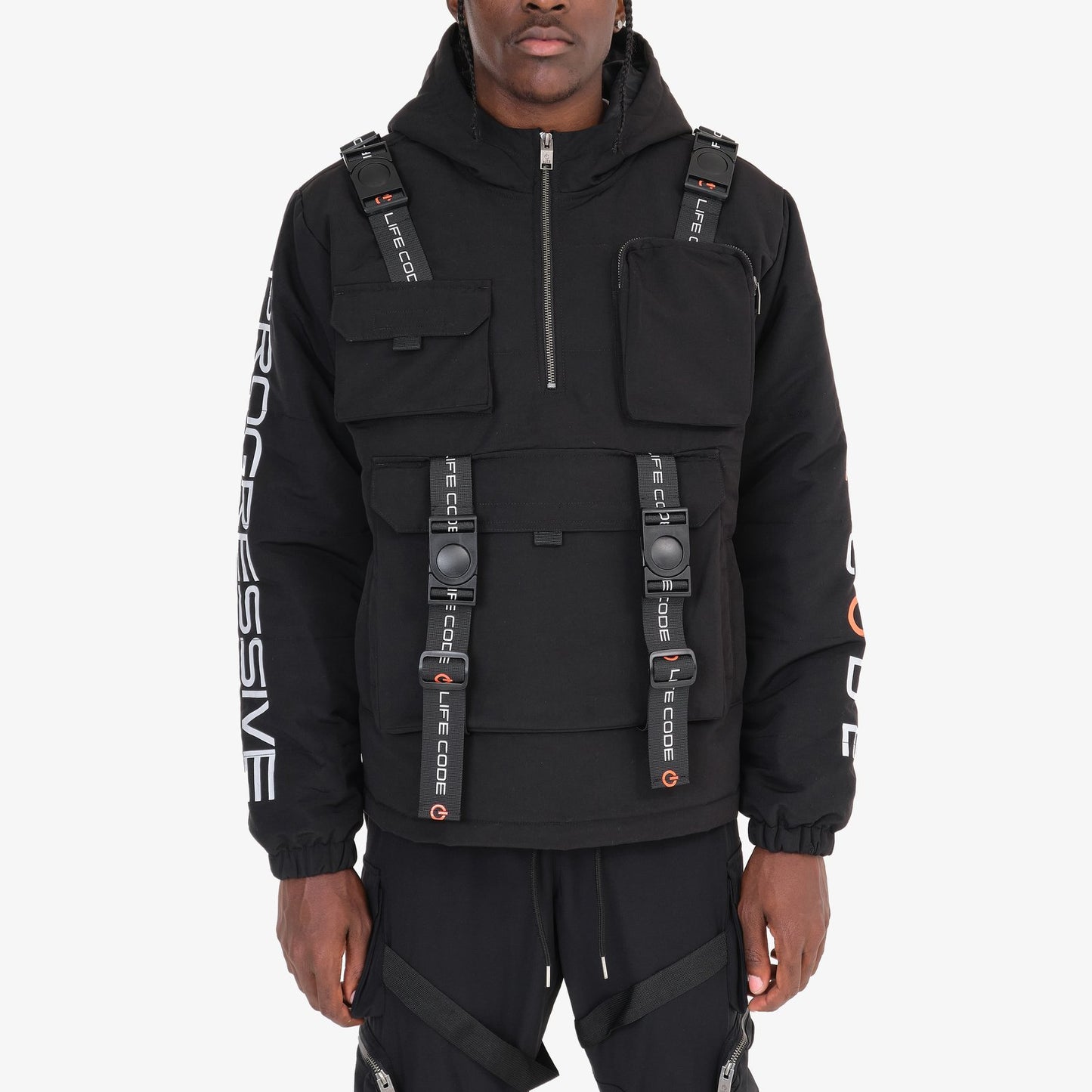 J10. BLACK PULLOVER JACKET W/ STRAPS