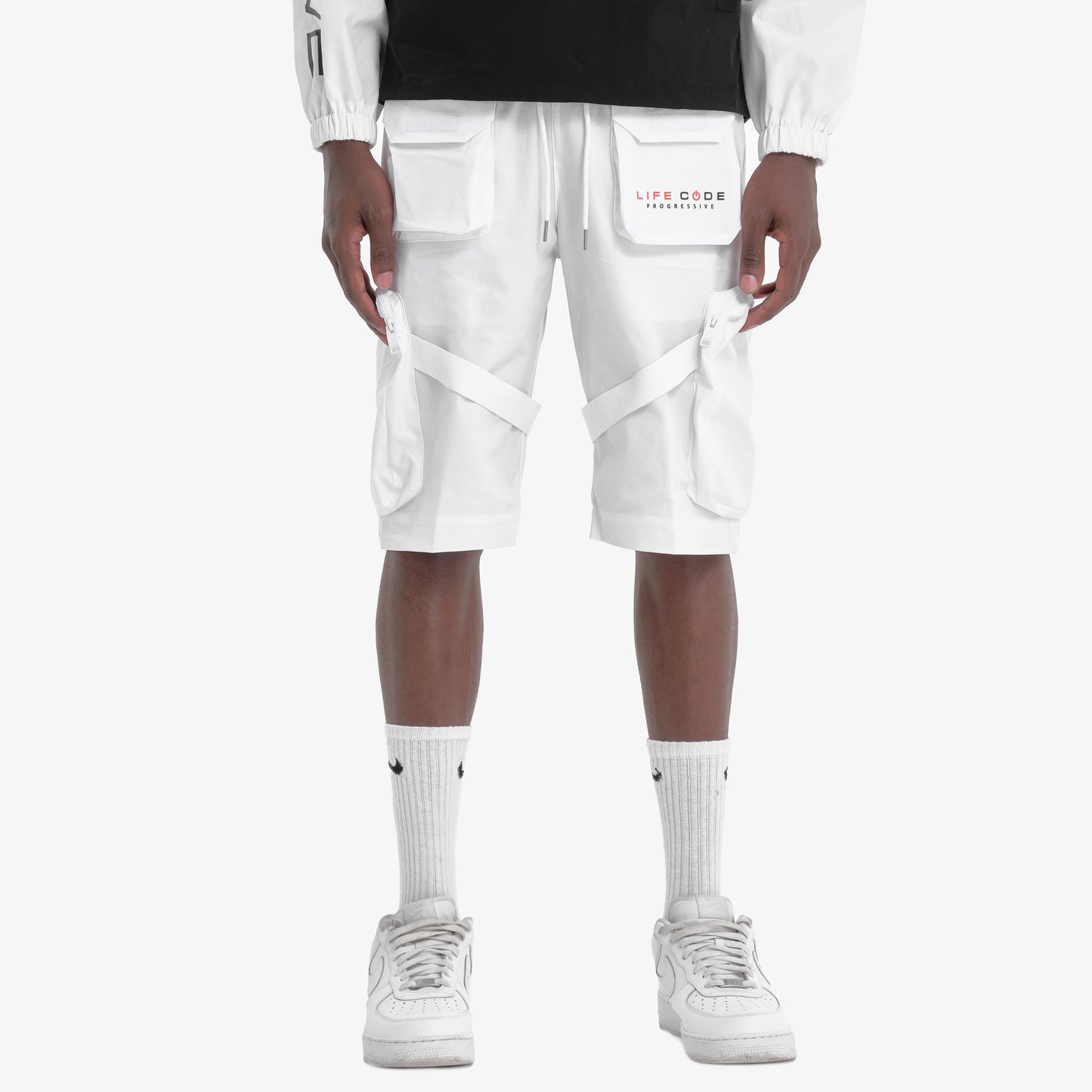 P53. WHITE NYLON CARGO SHORTS W/ STRAPS