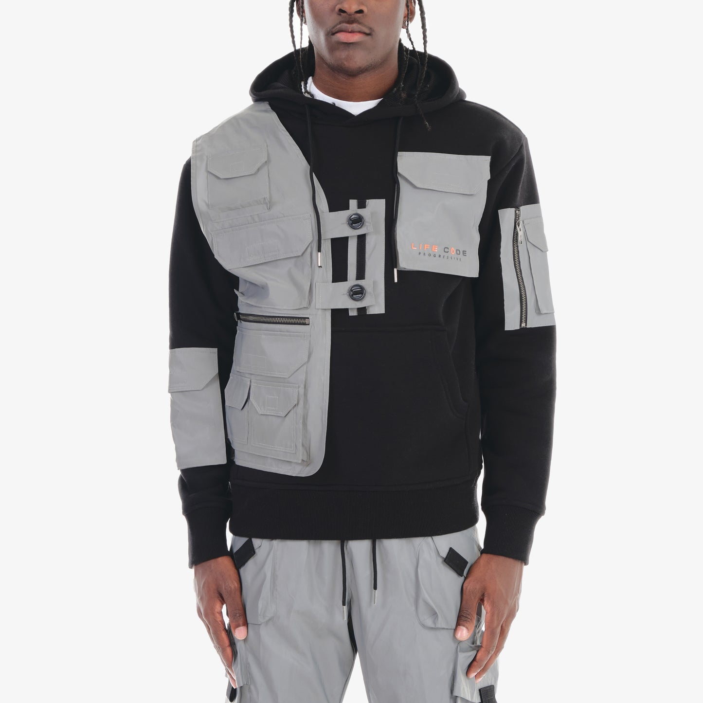 J35. REFLECTIVE SILVER / BLACK UTILITY HOODIE