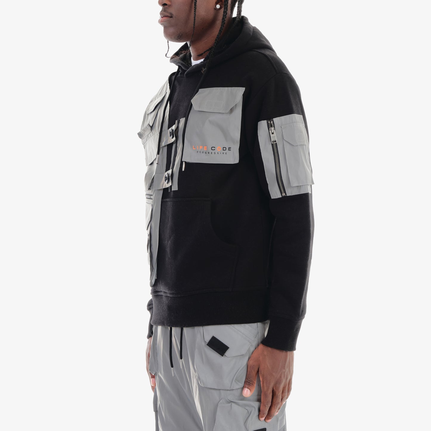 J35. REFLECTIVE SILVER / BLACK UTILITY HOODIE