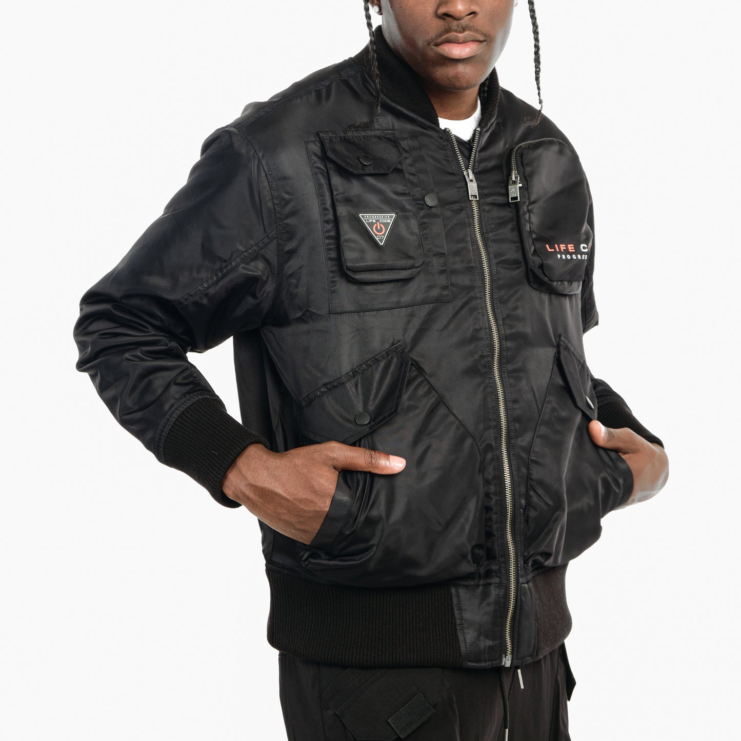 J40. BLACK UTILITY BOMBER JACKET