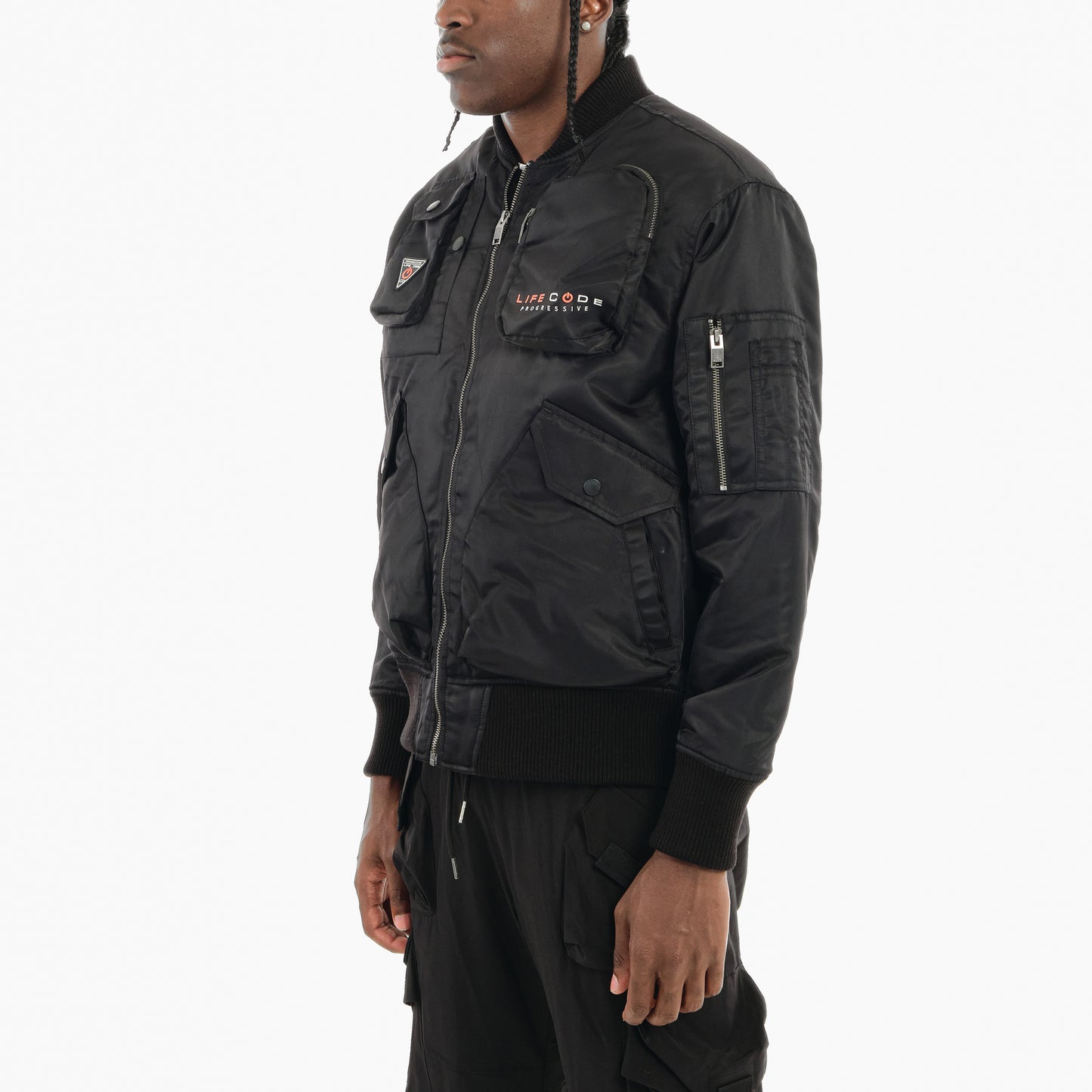 J40. BLACK UTILITY BOMBER JACKET