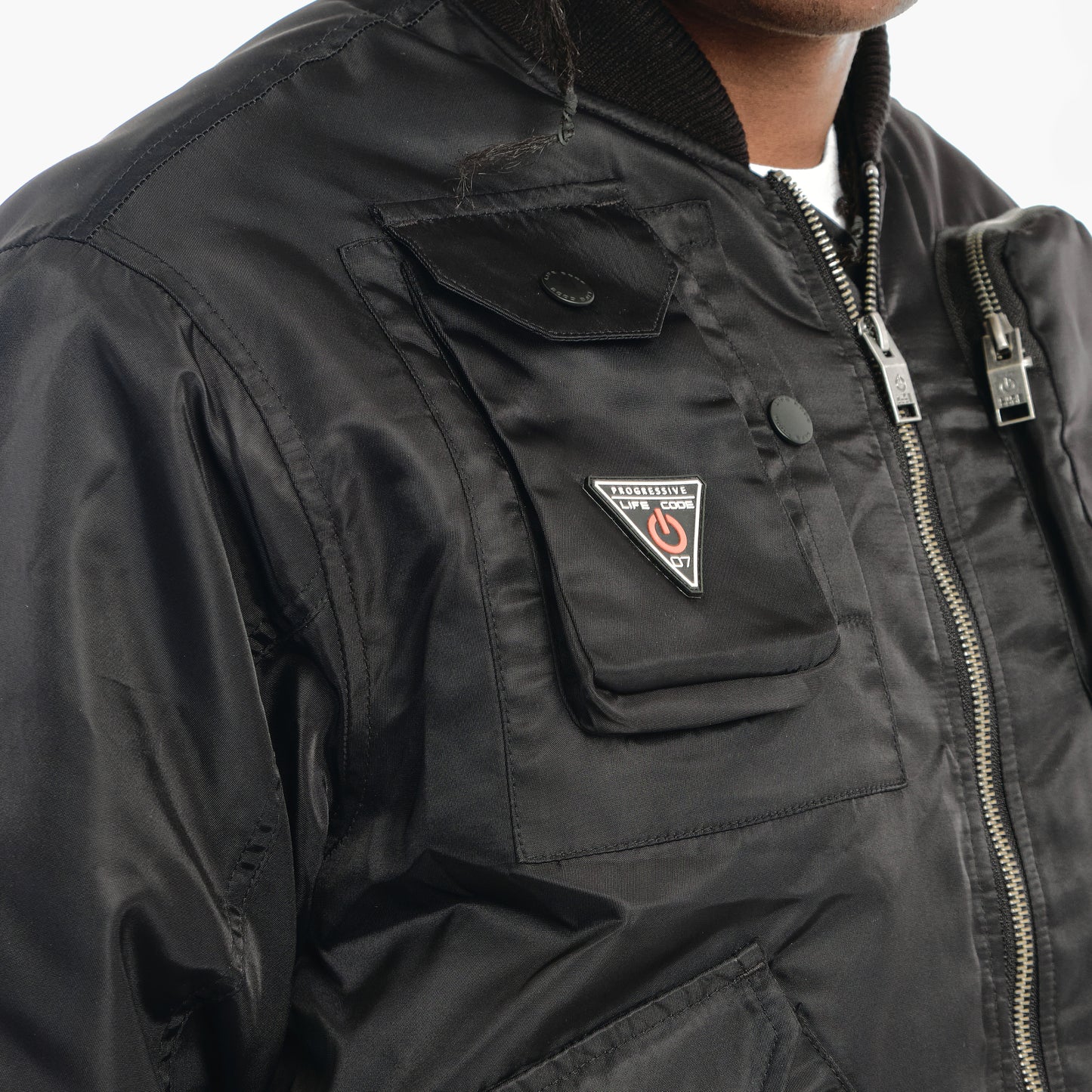 J40. BLACK UTILITY BOMBER JACKET