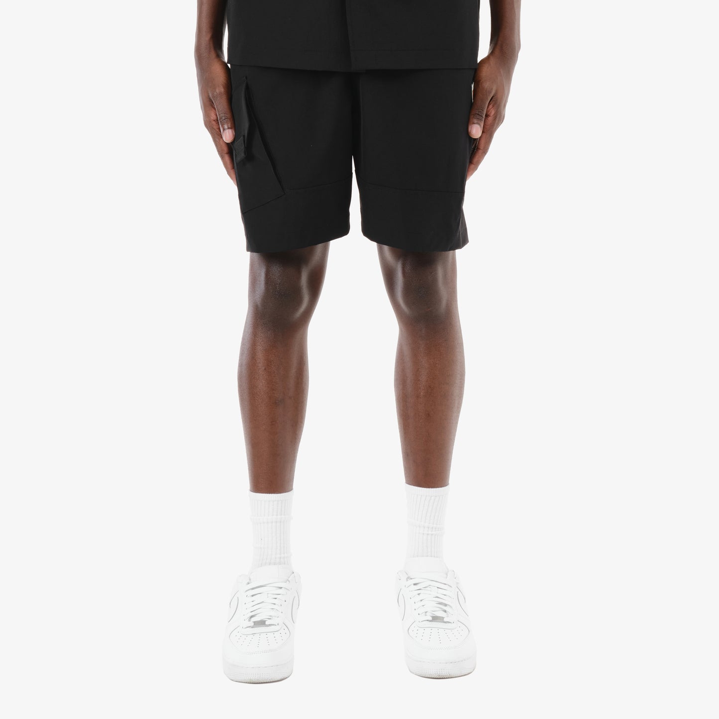 P66. BLACK NYLON SHORTS W/ UTILITY POCKET