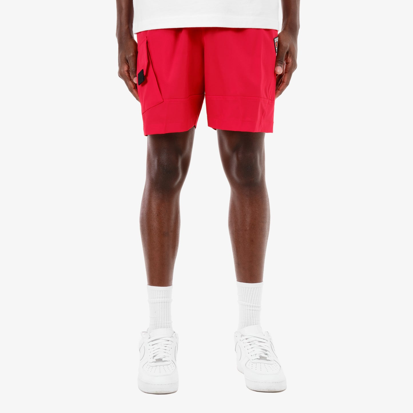 P66. RED NYLON SHORTS W/ UTILITY POCKET