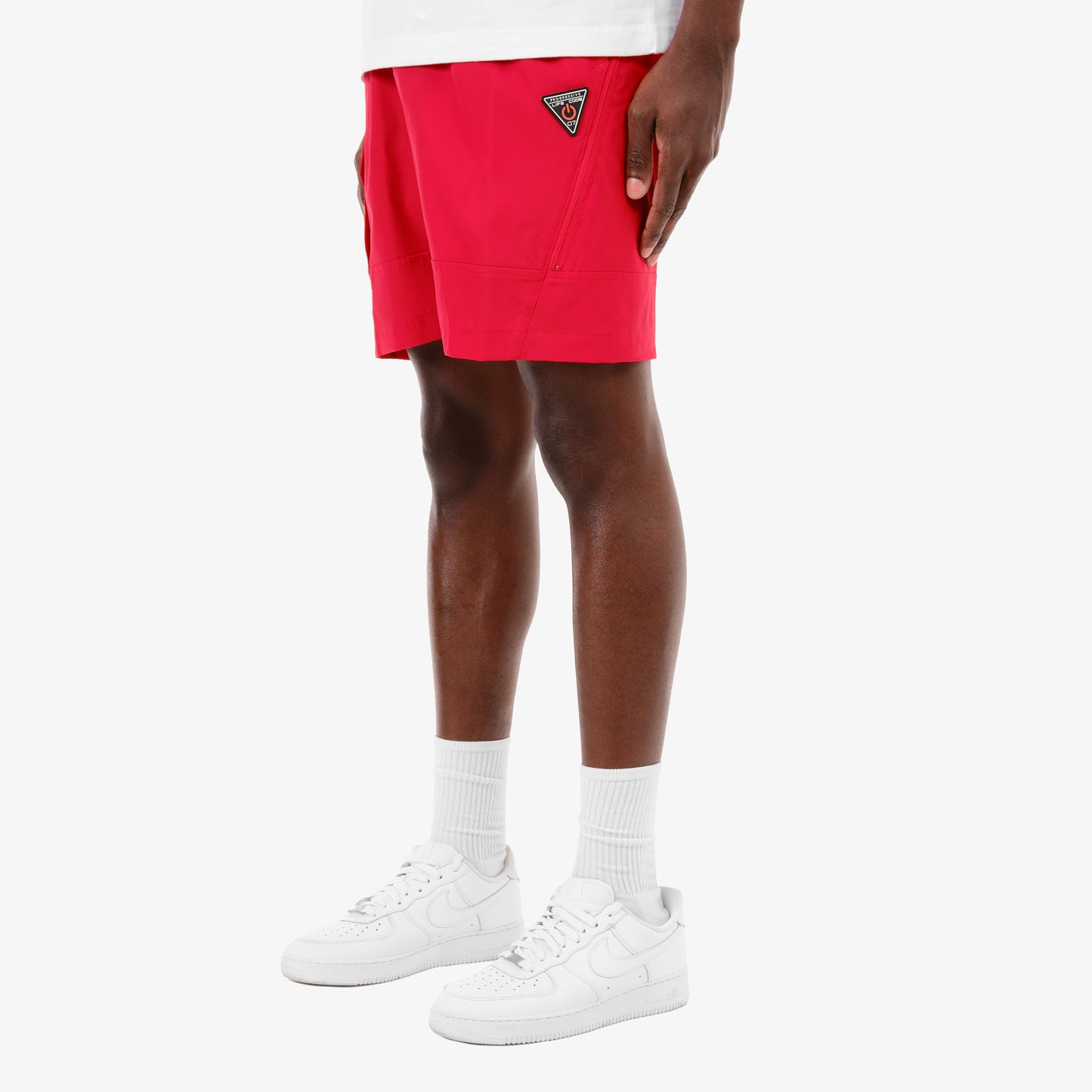 P66. RED NYLON SHORTS W/ UTILITY POCKET