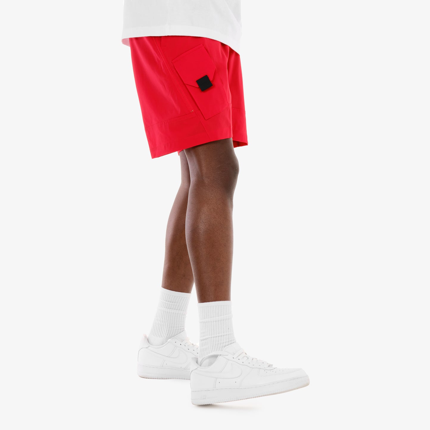 P66. RED NYLON SHORTS W/ UTILITY POCKET
