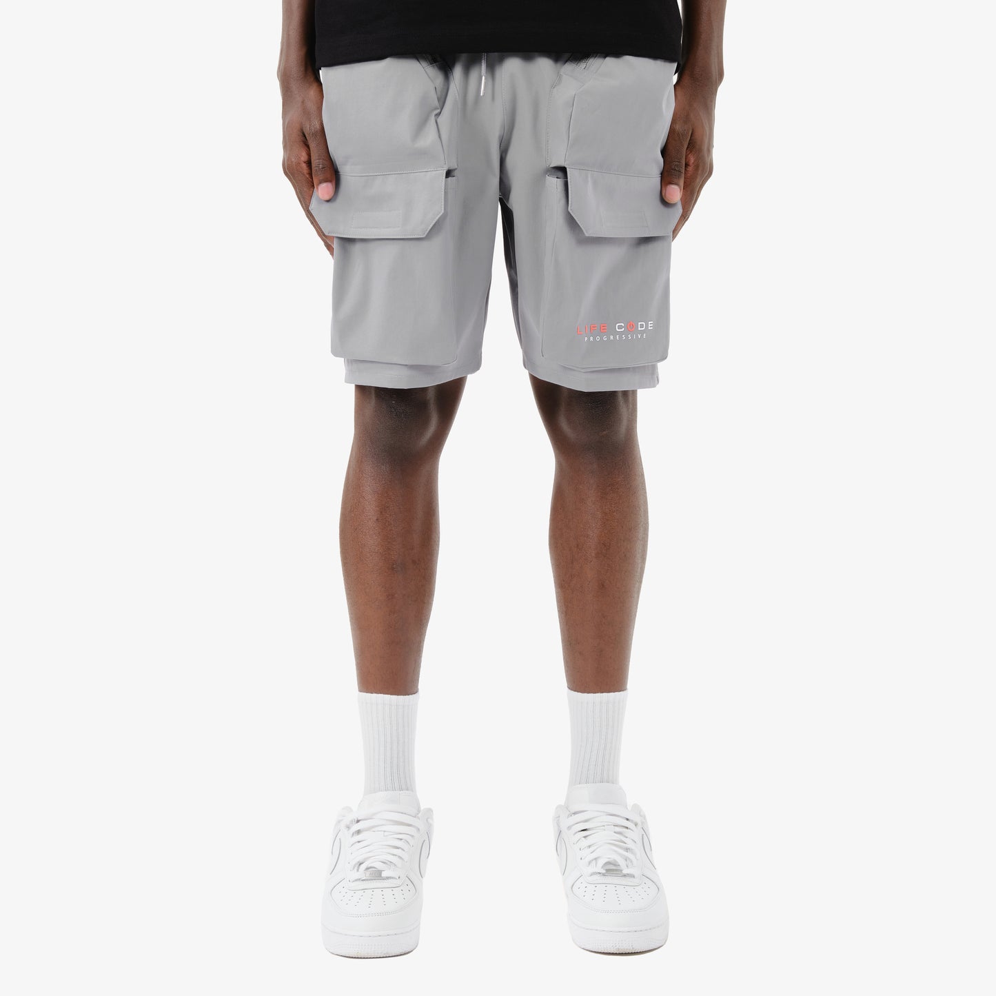 P67. GREY FRONT CARGO POCKET SHORTS