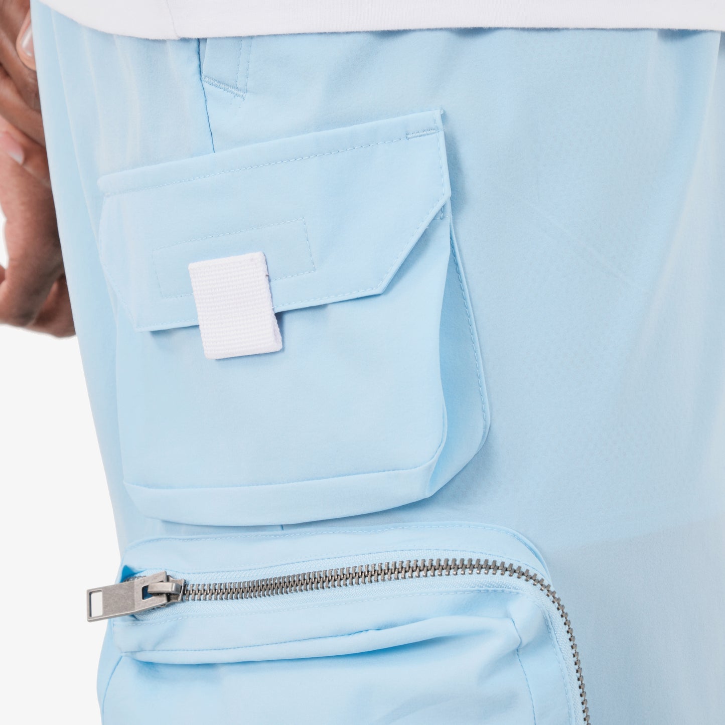 P68. LIGHT BLUE NYLON SHORTS W/ CARGO POCKETS