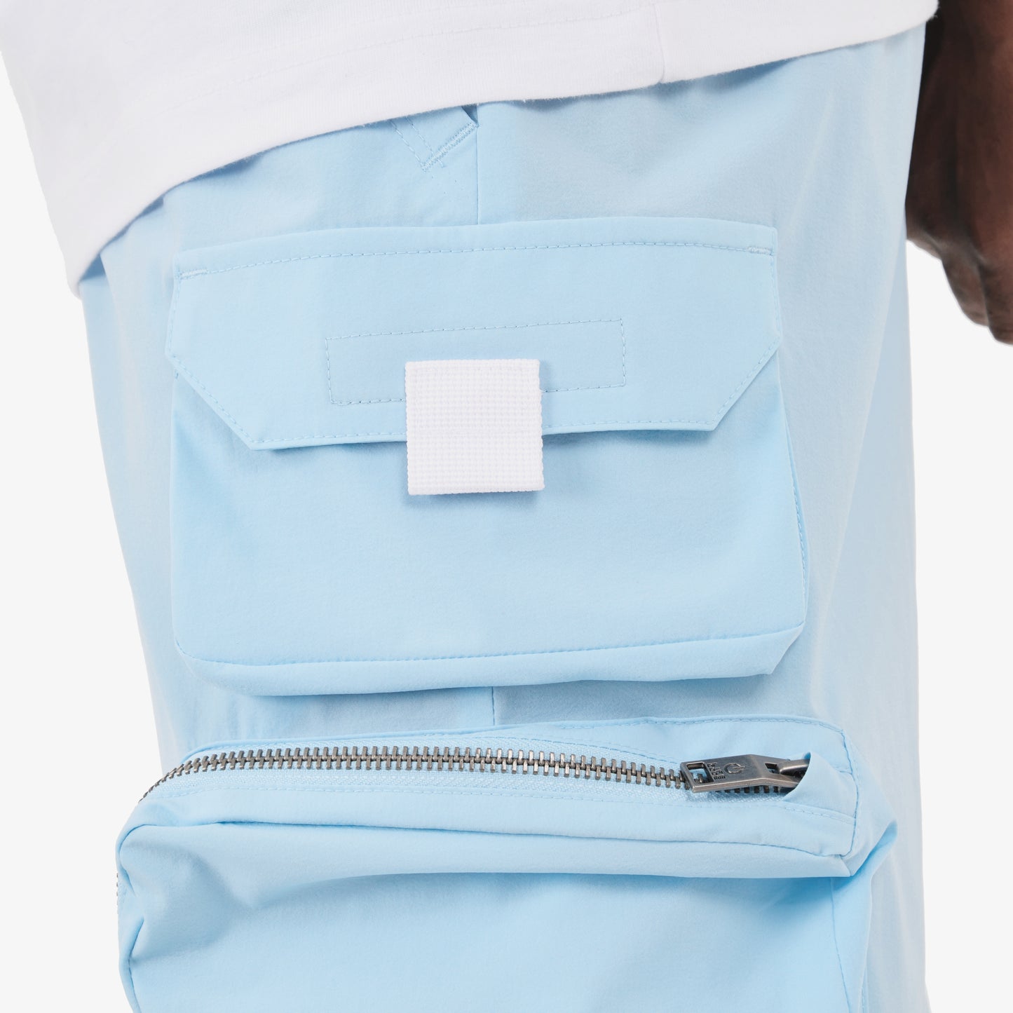 P68. LIGHT BLUE NYLON SHORTS W/ CARGO POCKETS