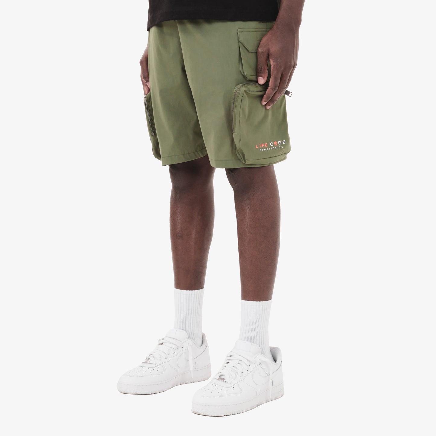 P68. OLIVE NYLON SHORTS W/ CARGO POCKETS