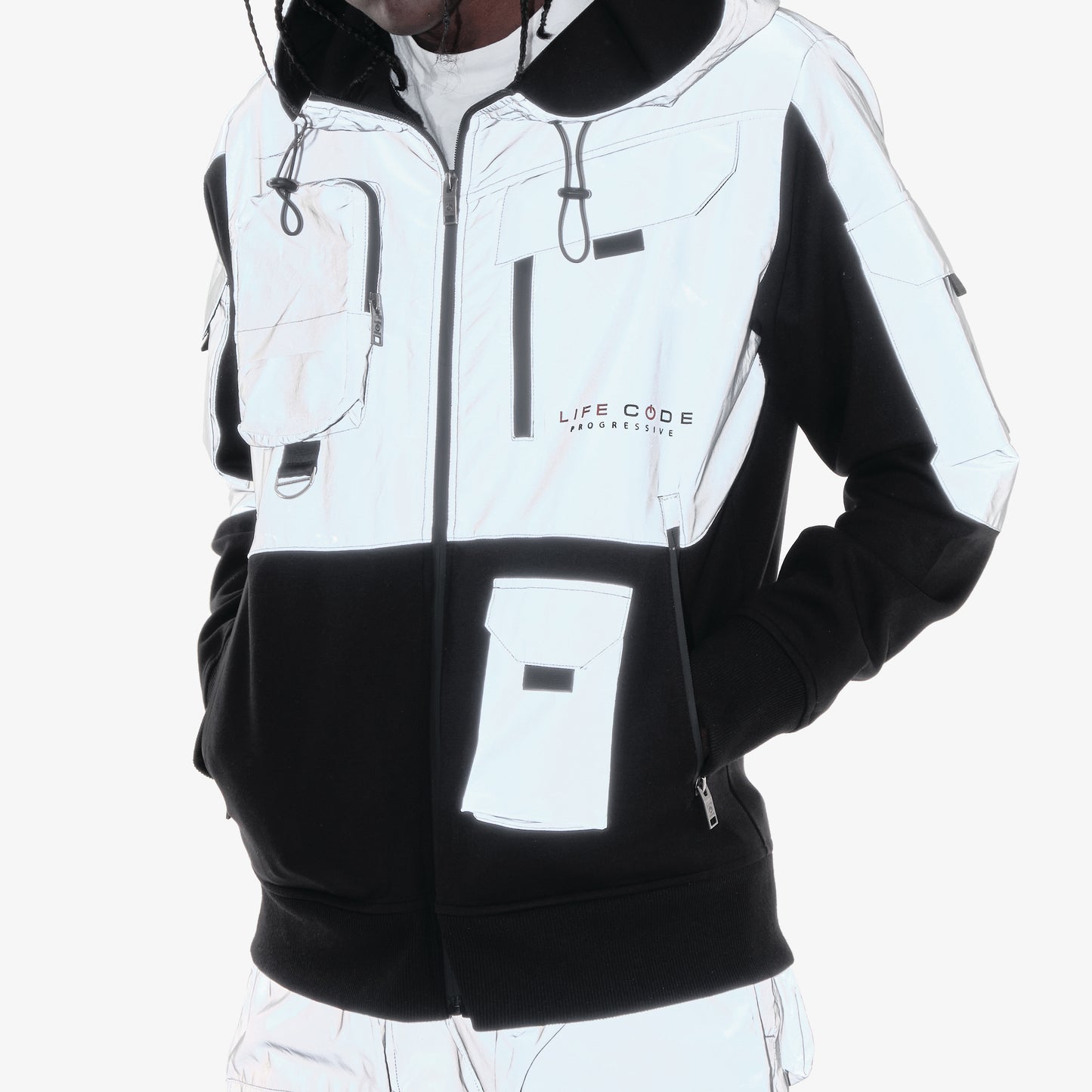 J32. SILVER REFLECTIVE FULL-ZIP UTILITY HOODIE