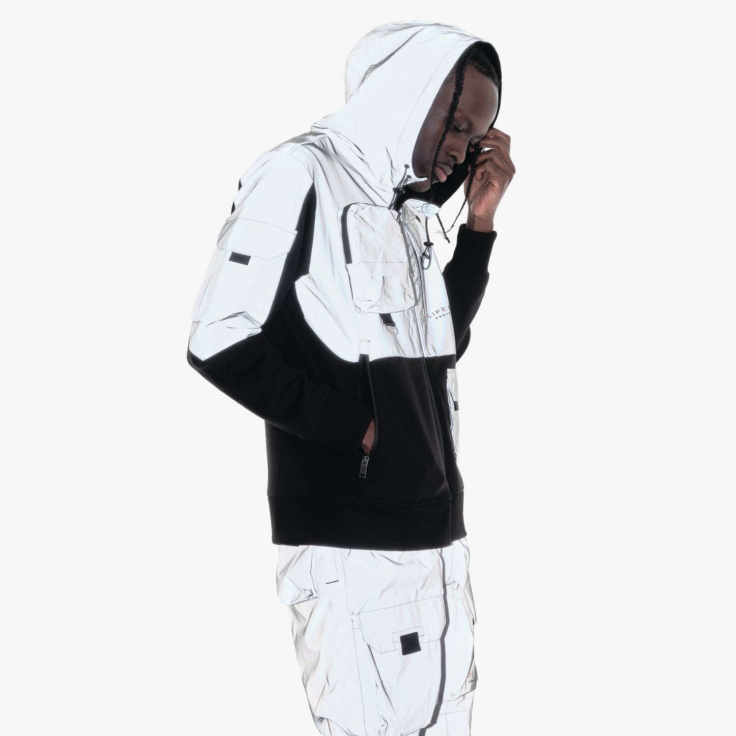 J32. SILVER REFLECTIVE FULL-ZIP UTILITY HOODIE