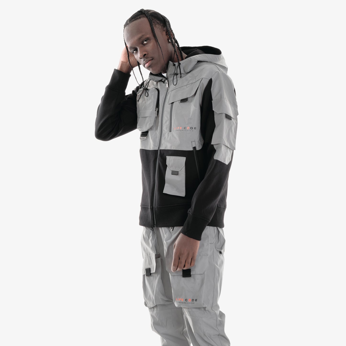 J32. SILVER REFLECTIVE FULL-ZIP UTILITY HOODIE