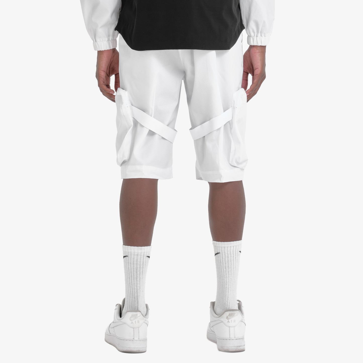 P53. WHITE NYLON CARGO SHORTS W/ STRAPS