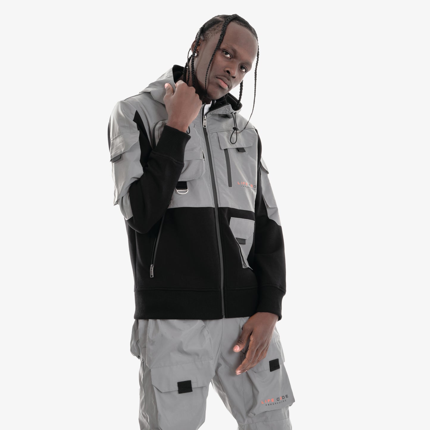 J32. SILVER REFLECTIVE FULL-ZIP UTILITY HOODIE
