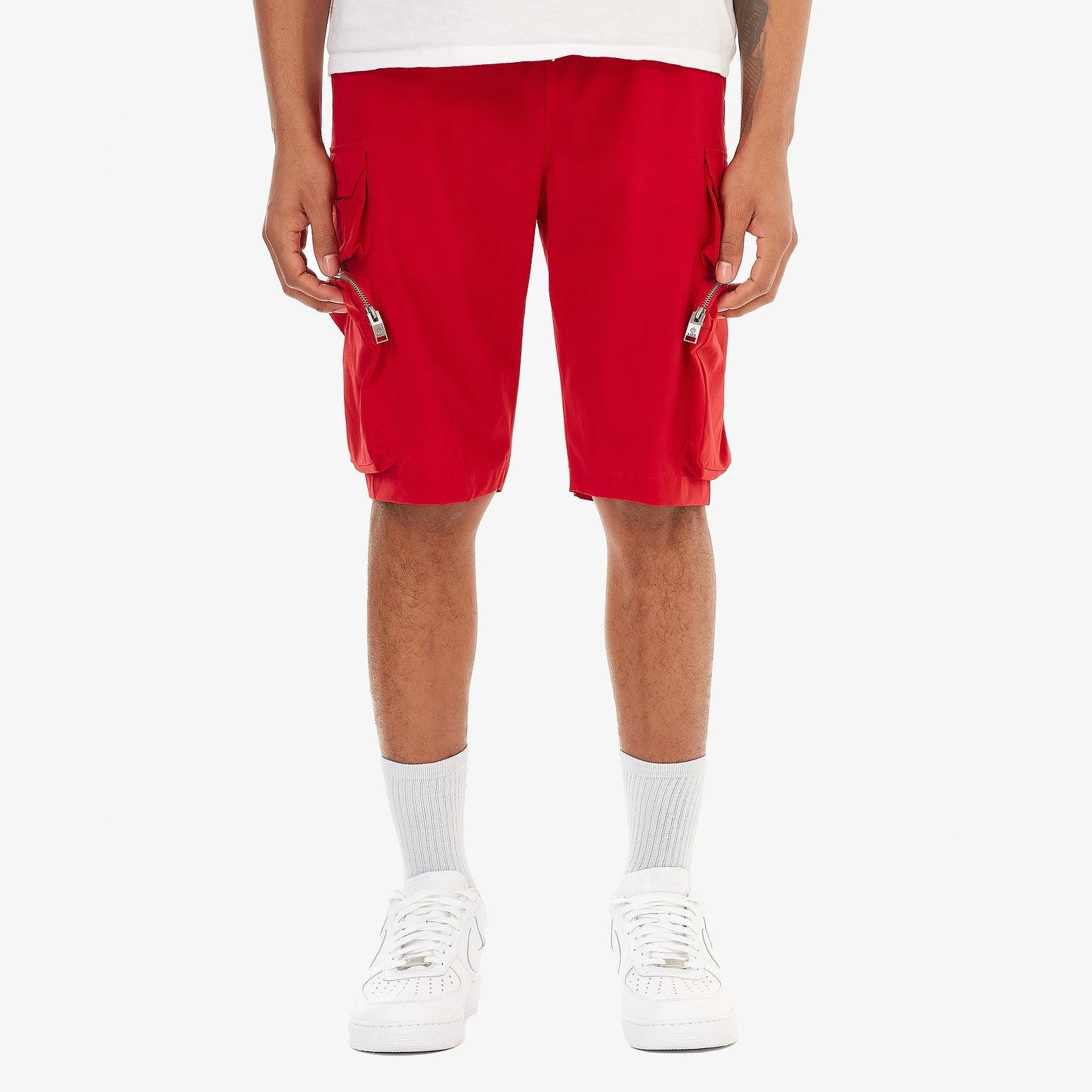 P51. RED NYLON SHORTS W/ CARGO POCKETS