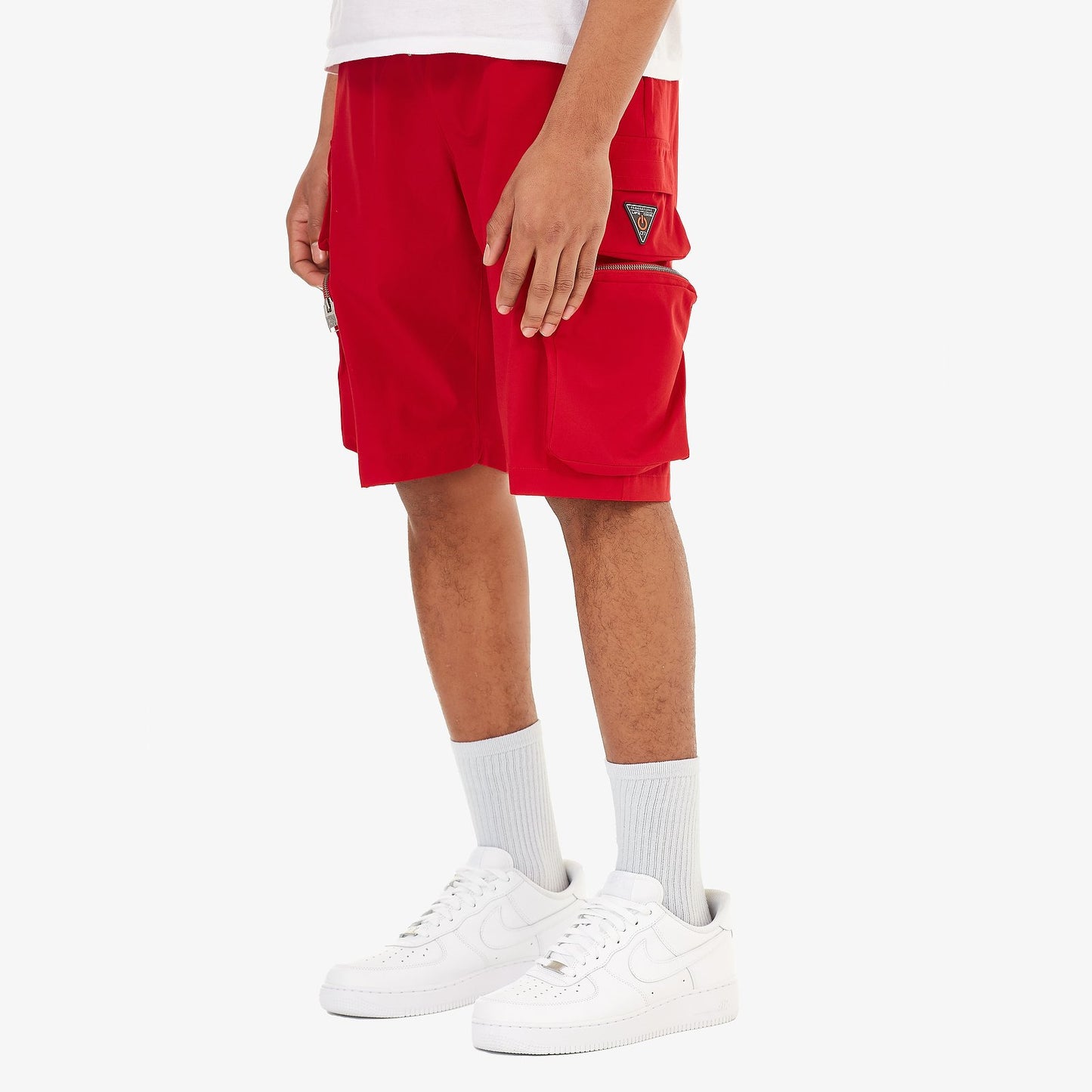 P51. RED NYLON SHORTS W/ CARGO POCKETS