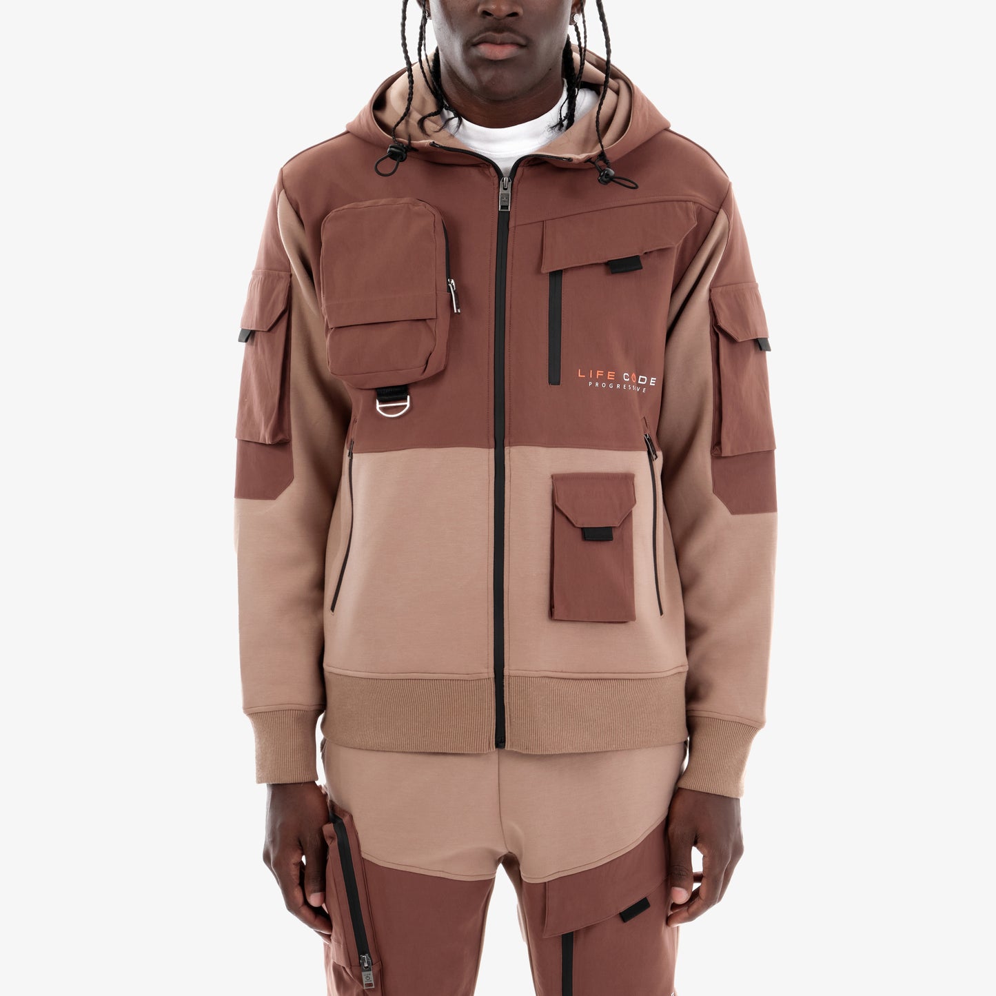 J32. MOCHA BROWN FULL-ZIP UTILITY HOODIE
