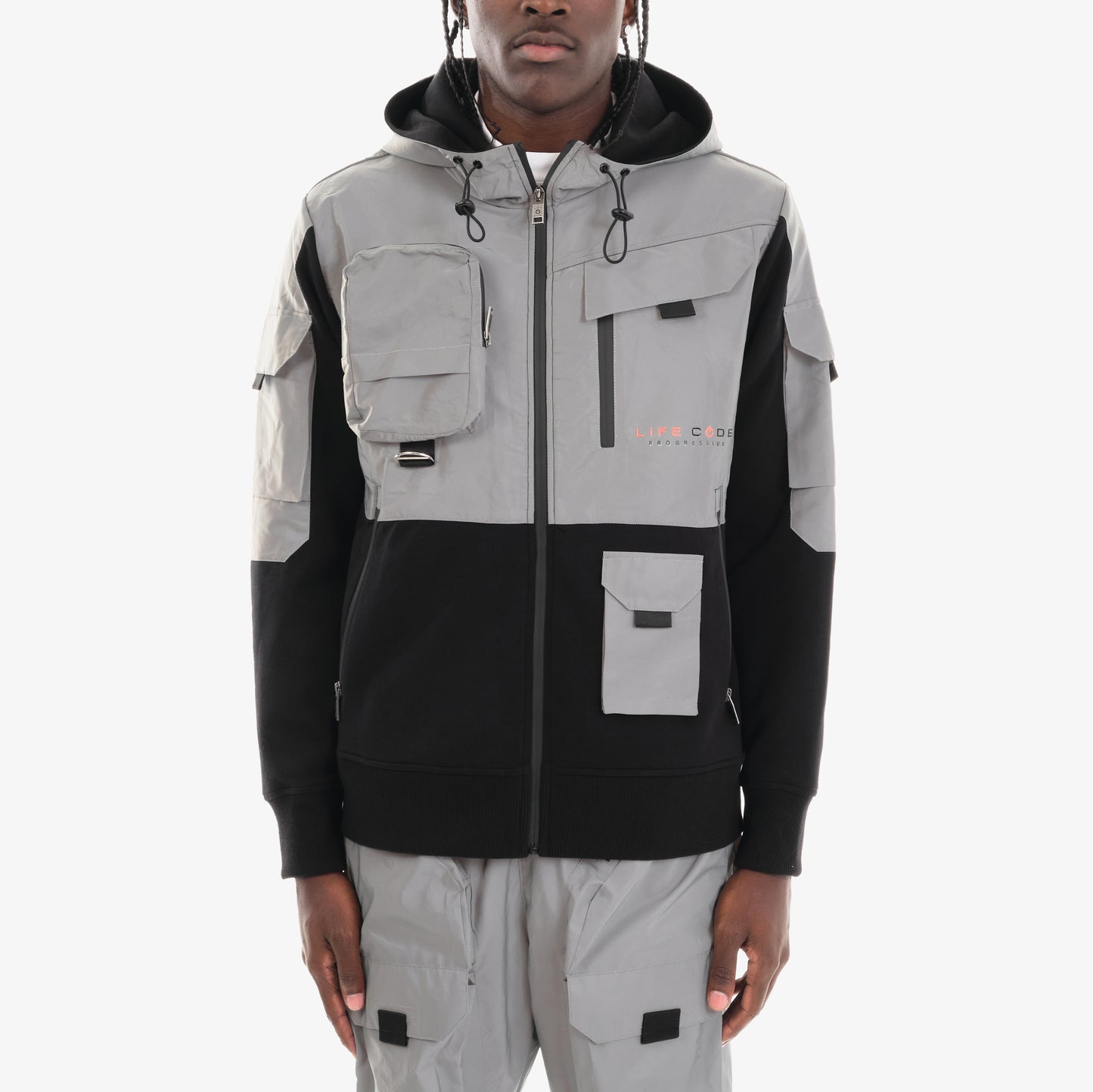 J32. SILVER REFLECTIVE FULL-ZIP UTILITY HOODIE