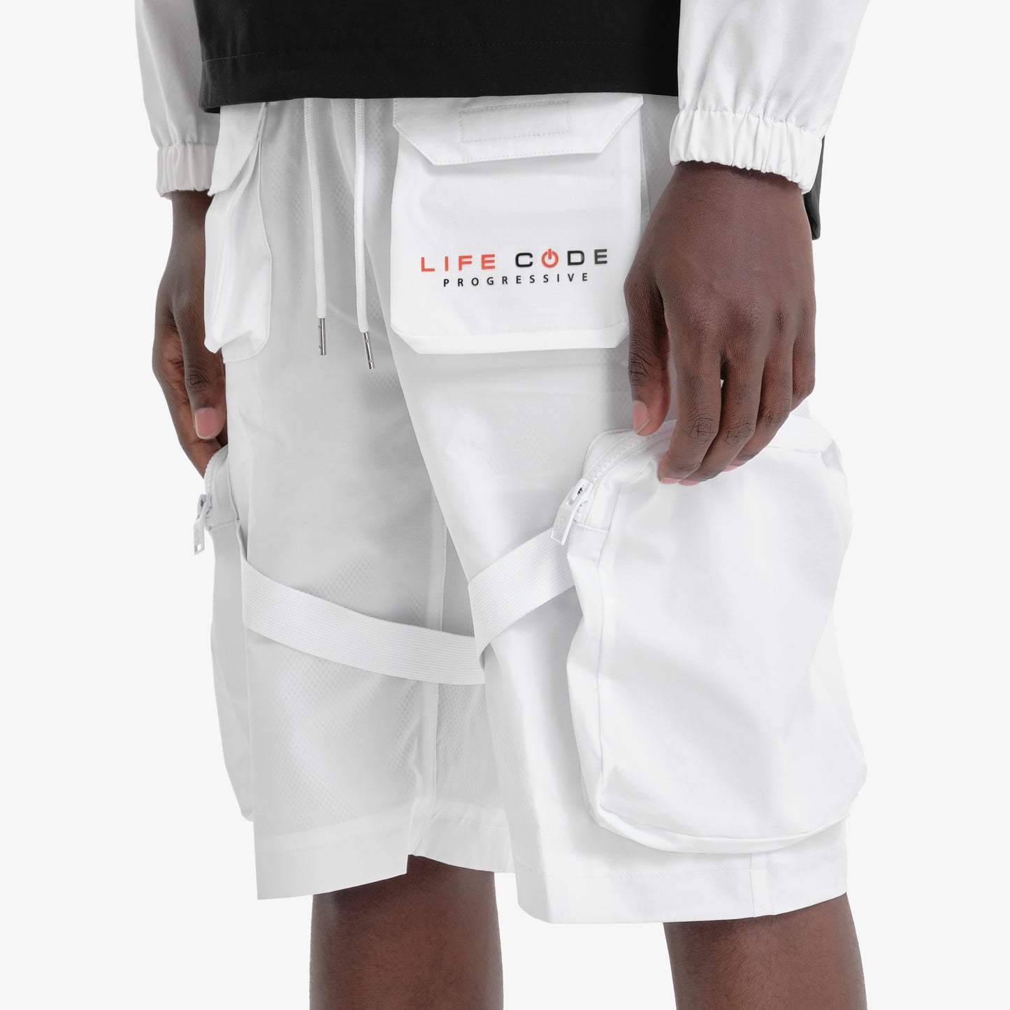 P53. WHITE NYLON CARGO SHORTS W/ STRAPS