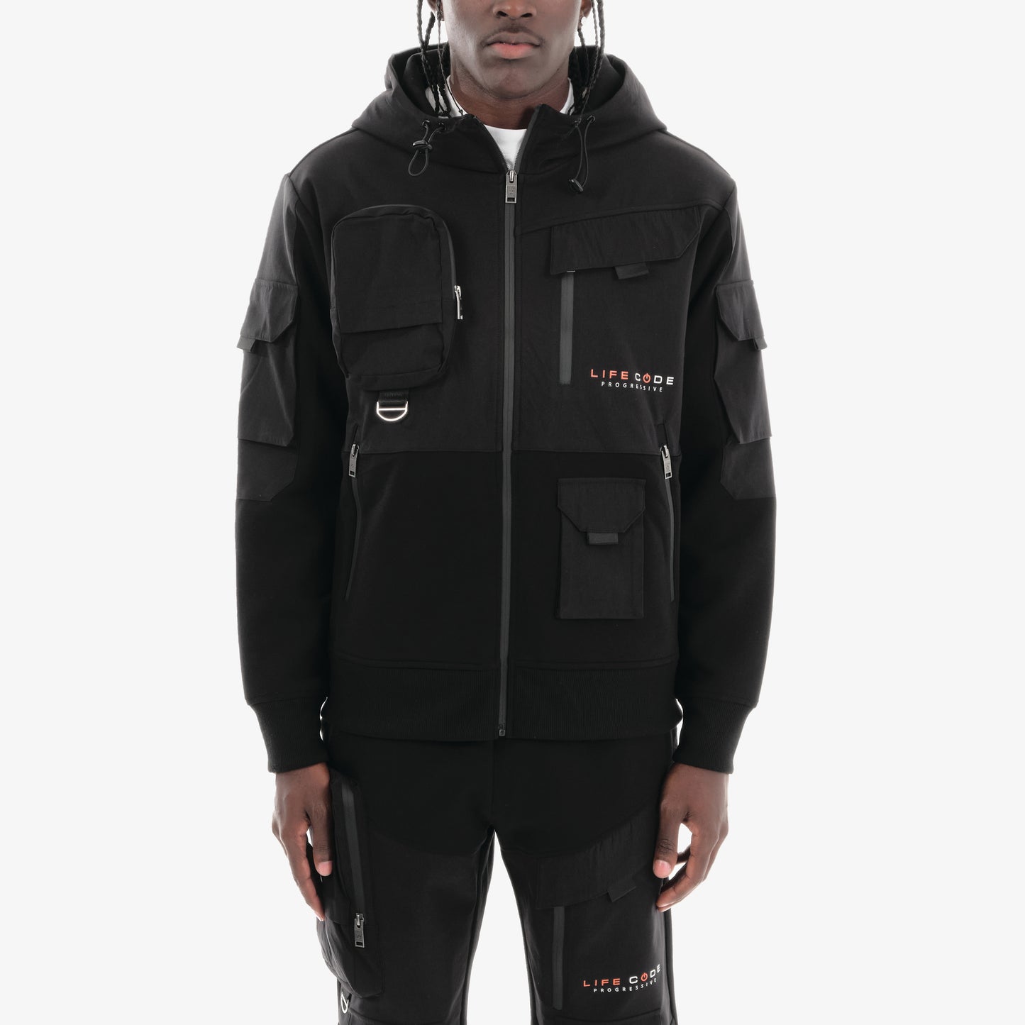 J32. BLACK FULL-ZIP UTILITY HOODIE
