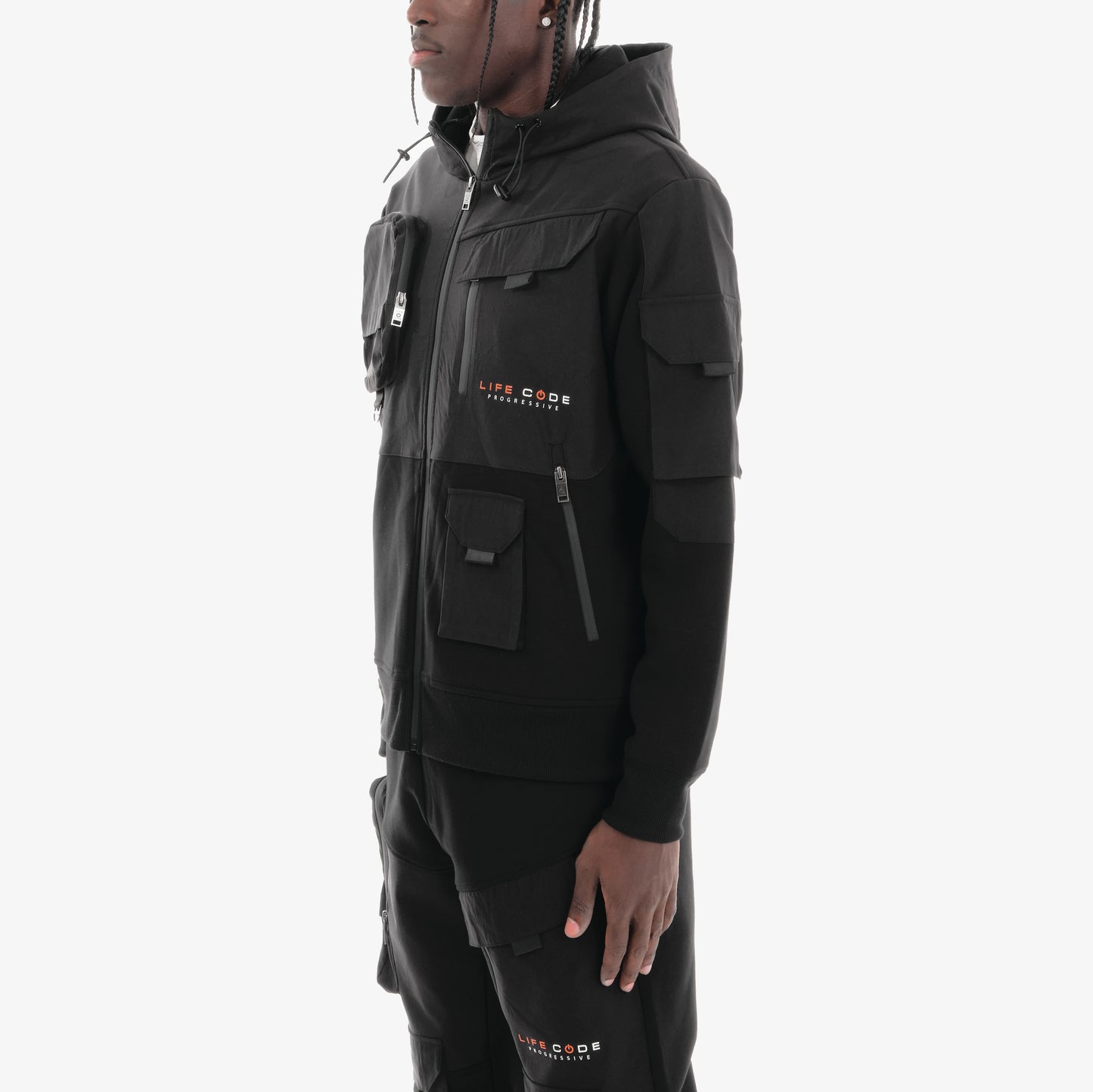 J32. BLACK FULL-ZIP UTILITY HOODIE