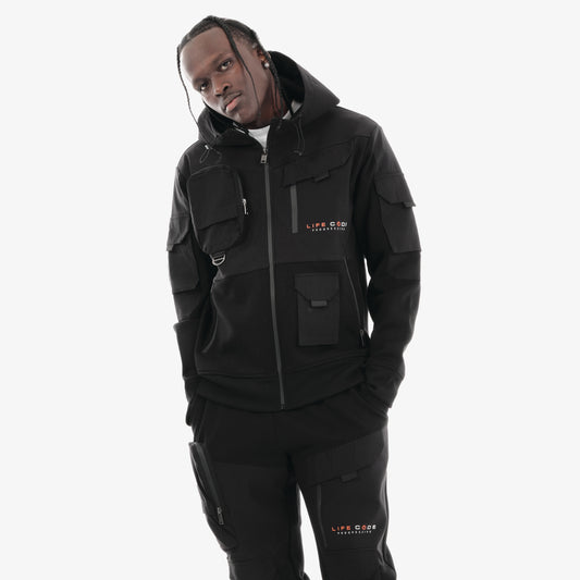 J32. BLACK FULL-ZIP UTILITY HOODIE