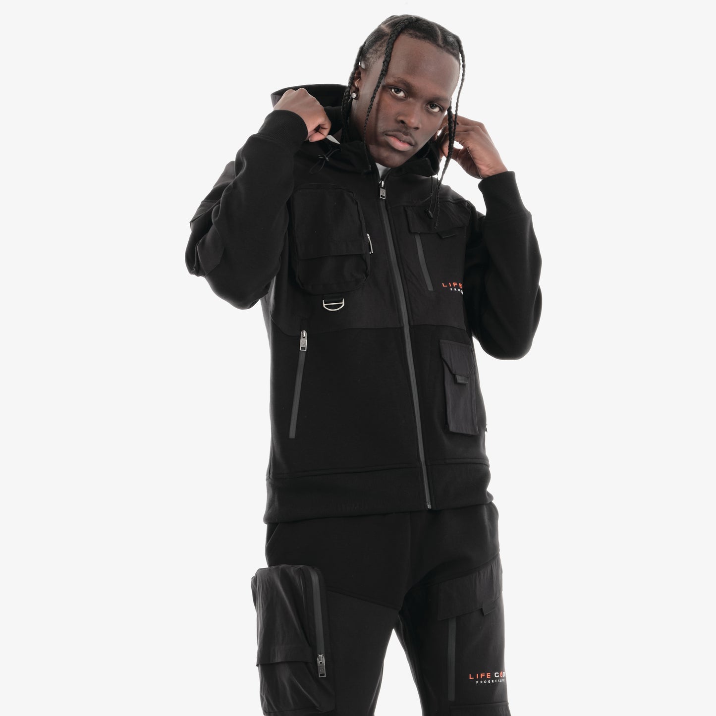 J32. BLACK FULL-ZIP UTILITY HOODIE