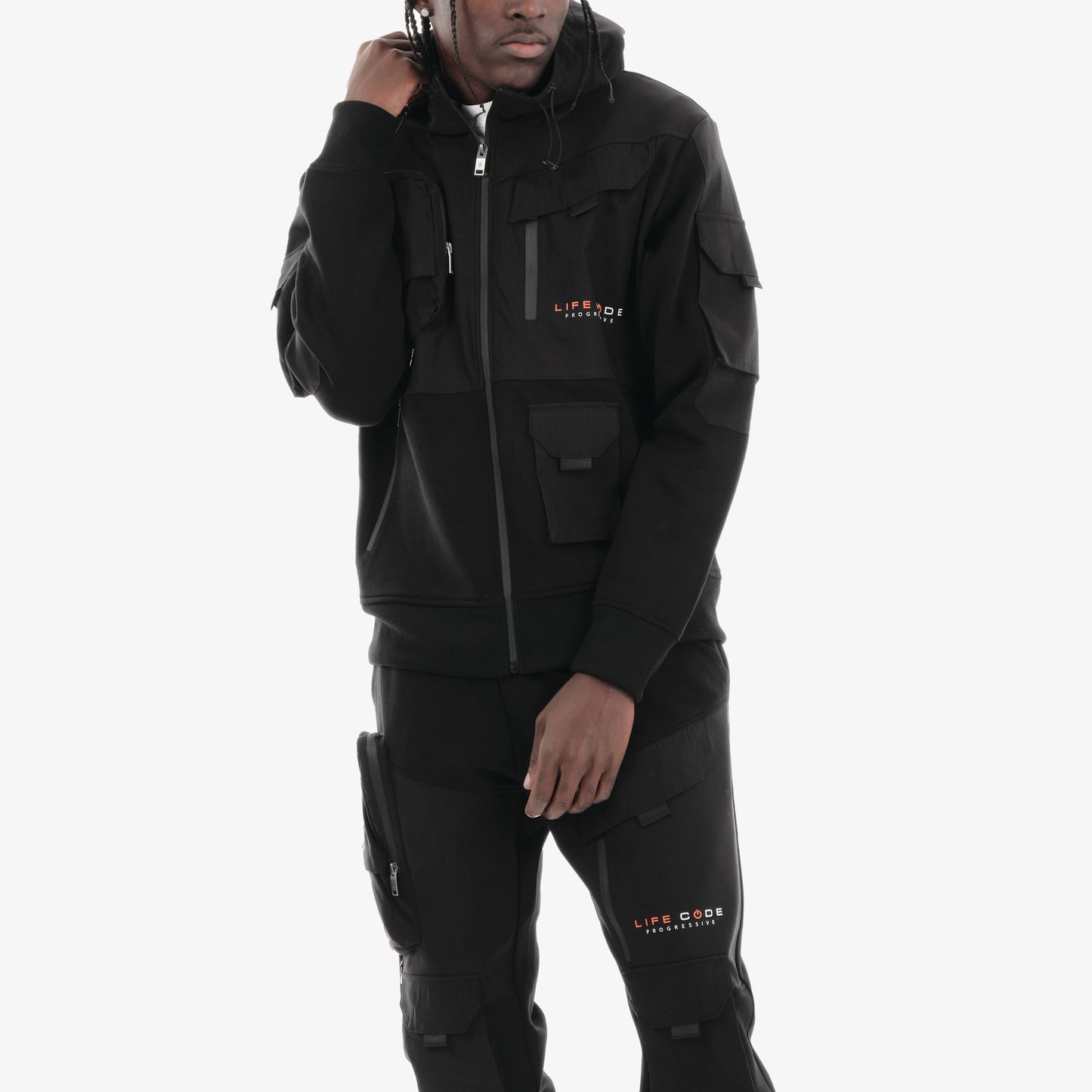 J32. BLACK FULL-ZIP UTILITY HOODIE