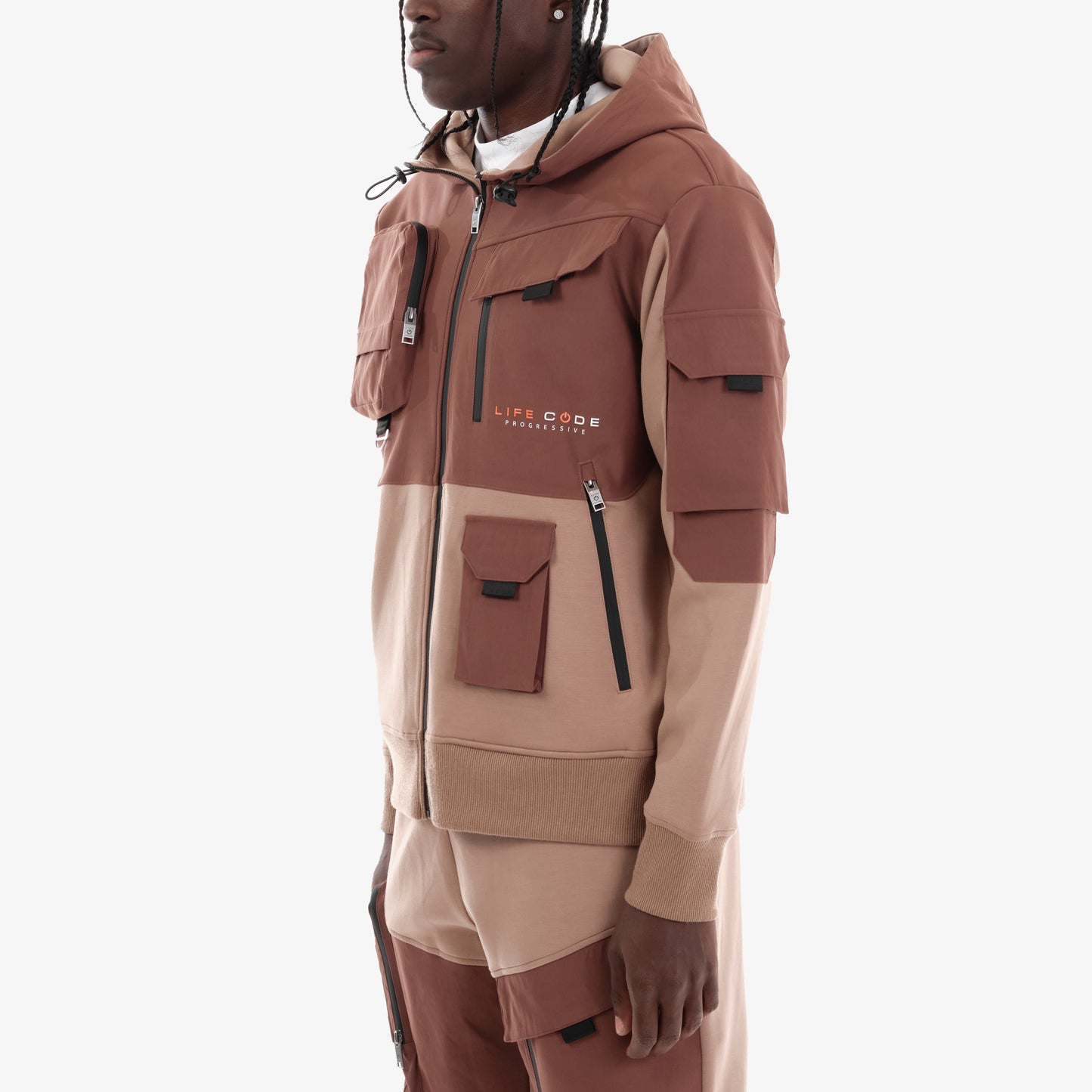 J32. MOCHA BROWN FULL-ZIP UTILITY HOODIE