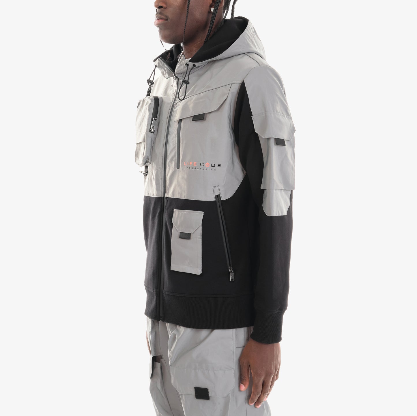 J32. SILVER REFLECTIVE FULL-ZIP UTILITY HOODIE