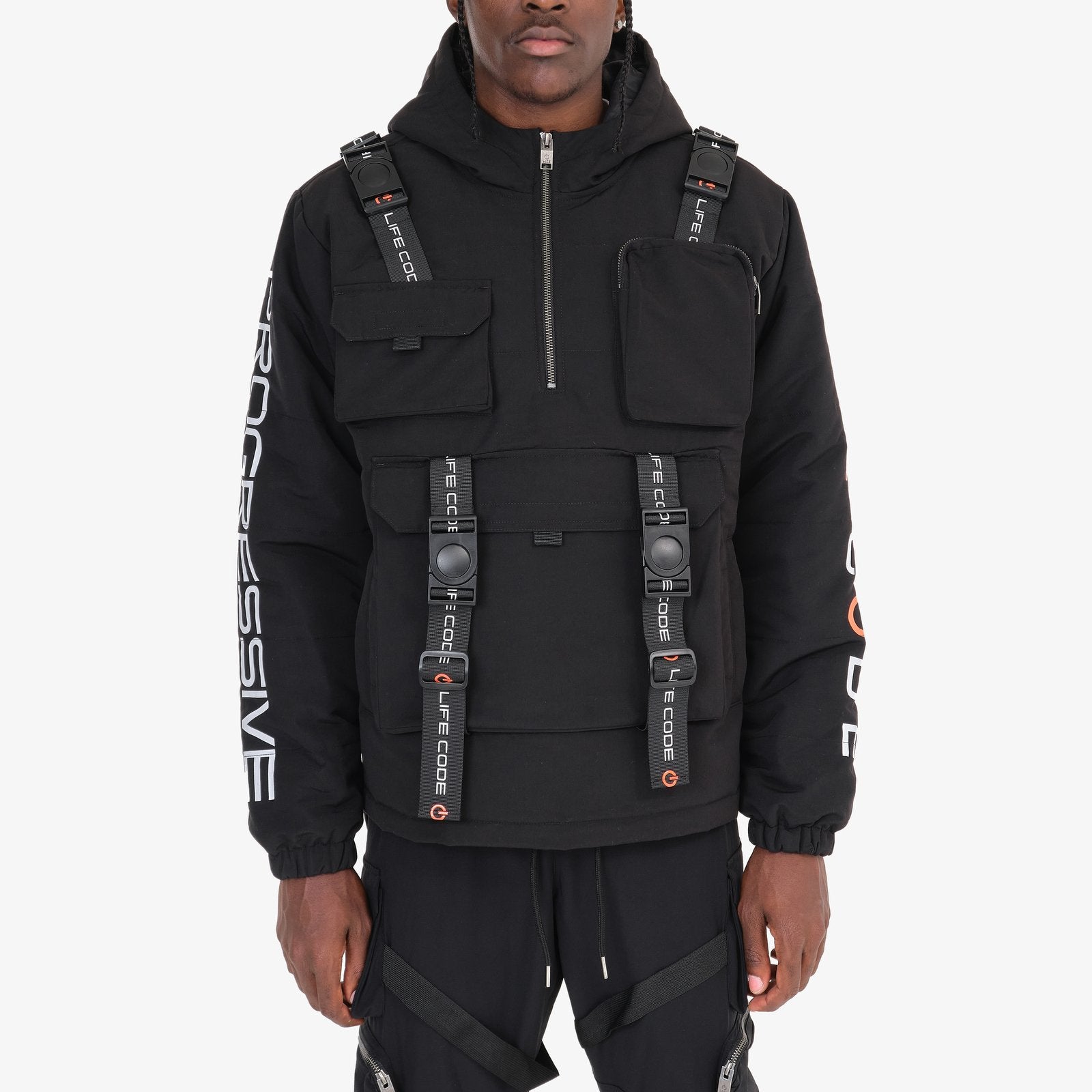 J10. BLACK PULLOVER JACKET W STRAPS LIFE CODE