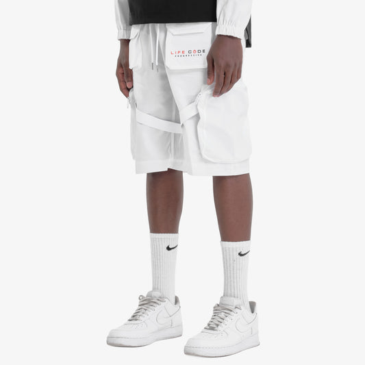 P53. WHITE NYLON CARGO SHORTS W/ STRAPS