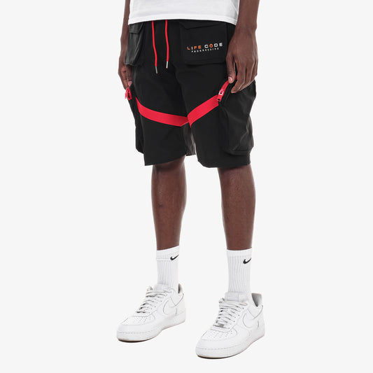 P53. BLACK/RED NYLON CARGO SHORTS W/ STRAPS